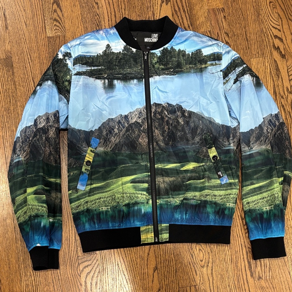 Love Moschino Mens Bomber Scenic Graphic Jacket with Logo Label 38